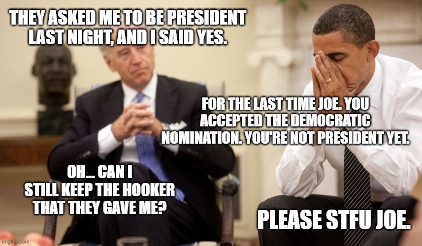 Obama loses his cool. | THEY ASKED ME TO BE PRESIDENT LAST NIGHT, AND I SAID YES. FOR THE LAST TIME JOE. YOU ACCEPTED THE DEMOCRATIC NOMINATION. YOU'RE NOT PRESIDENT YET. OH... CAN I STILL KEEP THE HOOKER THAT THEY GAVE ME? PLEASE STFU JOE. | image tagged in biden obama,election 2020,joe biden,president,nomination,democrat | made w/ Imgflip meme maker