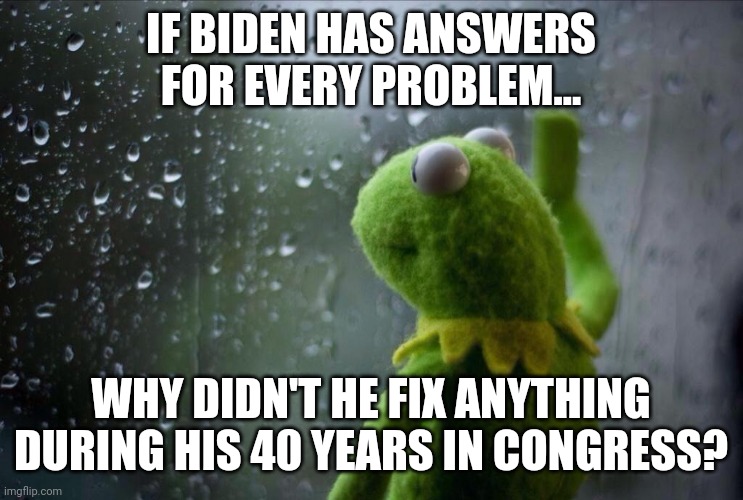 Sorry Dems, your boy just wants the swamp back. | IF BIDEN HAS ANSWERS FOR EVERY PROBLEM... WHY DIDN'T HE FIX ANYTHING DURING HIS 40 YEARS IN CONGRESS? | image tagged in sad kermit,joe biden | made w/ Imgflip meme maker