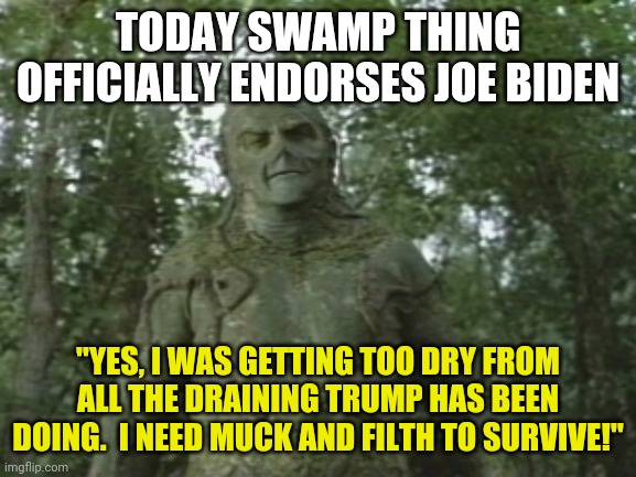 Figures... | TODAY SWAMP THING OFFICIALLY ENDORSES JOE BIDEN; "YES, I WAS GETTING TOO DRY FROM ALL THE DRAINING TRUMP HAS BEEN DOING.  I NEED MUCK AND FILTH TO SURVIVE!" | image tagged in swamp thing,joe biden | made w/ Imgflip meme maker