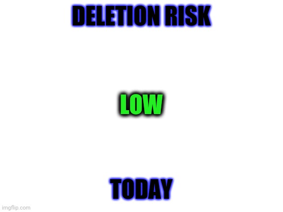 Blank White Template | DELETION RISK; LOW; TODAY | image tagged in blank white template | made w/ Imgflip meme maker