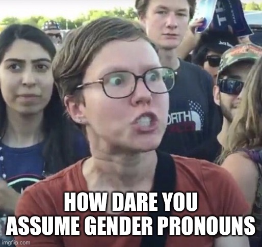 Triggered feminist | HOW DARE YOU ASSUME GENDER PRONOUNS | image tagged in triggered feminist | made w/ Imgflip meme maker