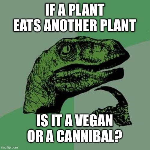 Plants vs plants | IF A PLANT EATS ANOTHER PLANT; IS IT A VEGAN OR A CANNIBAL? | image tagged in memes,philosoraptor | made w/ Imgflip meme maker