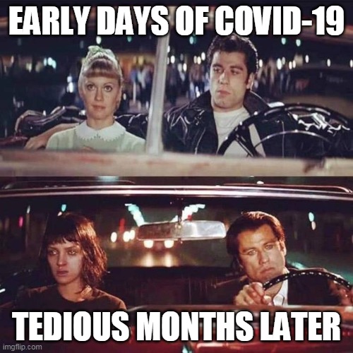 COVID-19 Then And Now | EARLY DAYS OF COVID-19; TEDIOUS MONTHS LATER | image tagged in first date vs marriage,covid | made w/ Imgflip meme maker
