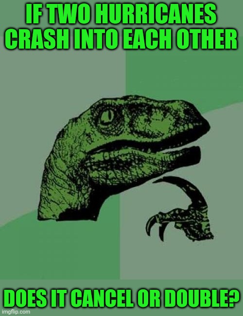 Philosoraptor Meme | IF TWO HURRICANES CRASH INTO EACH OTHER DOES IT CANCEL OR DOUBLE? | image tagged in memes,philosoraptor | made w/ Imgflip meme maker