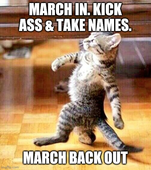 March in March out | MARCH IN. KICK ASS & TAKE NAMES. MARCH BACK OUT | image tagged in cat walk in walk out | made w/ Imgflip meme maker