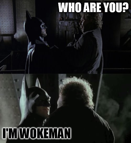 Michael Keaton 2020 | WHO ARE YOU? I'M WOKEMAN | image tagged in memes,batman,who are you,woke,donald trump,meltdown on instagram | made w/ Imgflip meme maker