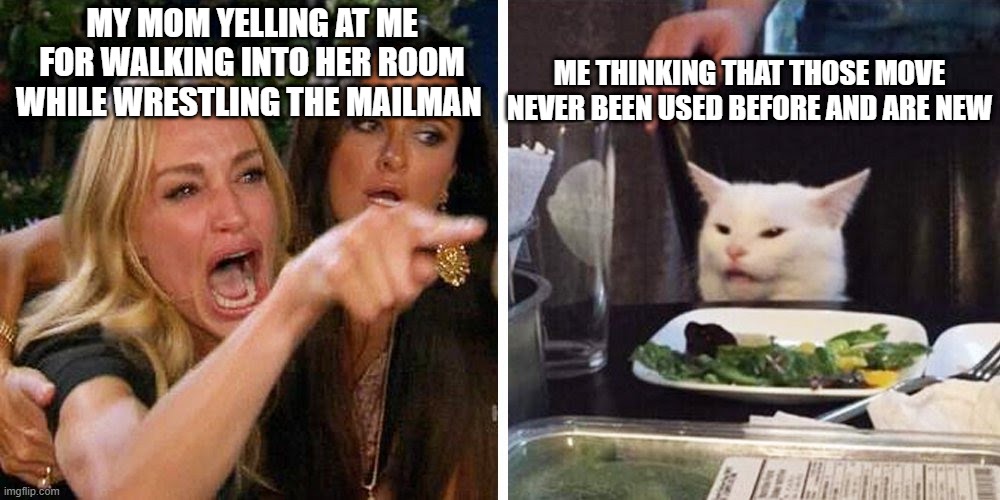Smudge the cat | MY MOM YELLING AT ME FOR WALKING INTO HER ROOM WHILE WRESTLING THE MAILMAN ME THINKING THAT THOSE MOVE NEVER BEEN USED BEFORE AND ARE NEW | image tagged in smudge the cat | made w/ Imgflip meme maker