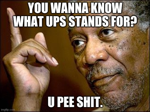 ups | YOU WANNA KNOW WHAT UPS STANDS FOR? U PEE SHIT. | image tagged in this morgan freeman,ups,shit | made w/ Imgflip meme maker