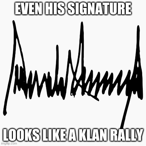 Klan | EVEN HIS SIGNATURE; LOOKS LIKE A KLAN RALLY | image tagged in donald trump | made w/ Imgflip meme maker