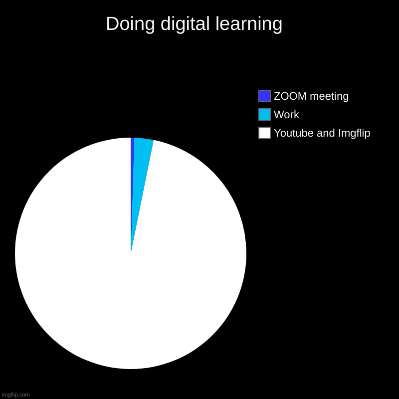 This is so true!!! | Doing digital learning  | Youtube and Imgflip, Work, ZOOM meeting | image tagged in charts,pie charts,homework,youtube,imgflip,zoom | made w/ Imgflip chart maker
