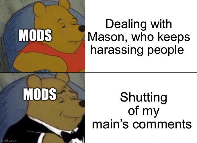 Or is it about my anti gacha crap, because that isn’t harassment | Dealing with Mason, who keeps harassing people; MODS; MODS; Shutting of my main’s comments | image tagged in memes,tuxedo winnie the pooh | made w/ Imgflip meme maker