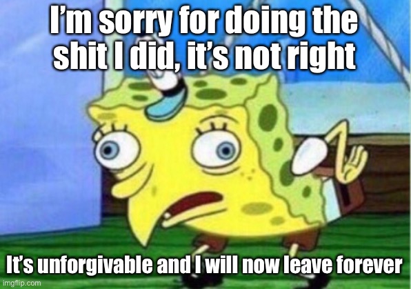 Mocking Spongebob | I’m sorry for doing the shit I did, it’s not right; It’s unforgivable and I will now leave forever | image tagged in memes,mocking spongebob | made w/ Imgflip meme maker