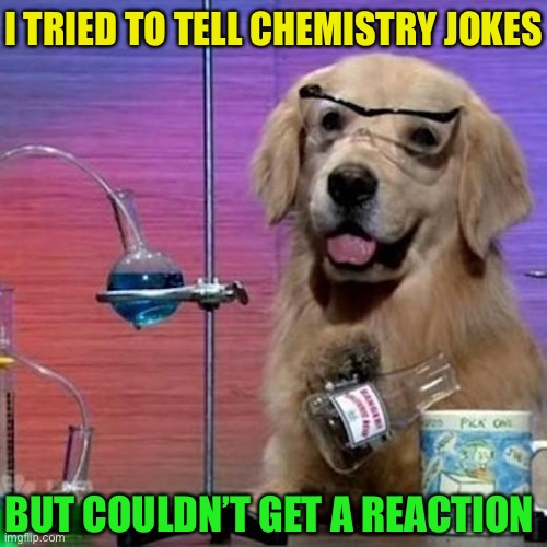 I Have No Idea What I Am Doing Dog Meme | I TRIED TO TELL CHEMISTRY JOKES BUT COULDN’T GET A REACTION | image tagged in memes,i have no idea what i am doing dog | made w/ Imgflip meme maker