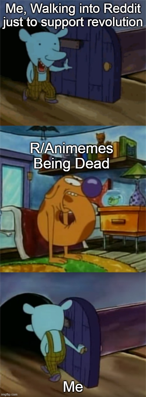 Wrong Time Winslow | Me, Walking into Reddit just to support revolution; R/Animemes Being Dead; Me | image tagged in memes,catdog | made w/ Imgflip meme maker