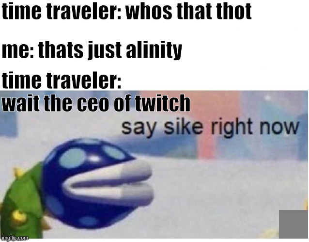 imagine.... | time traveler: whos that thot; me: thats just alinity; time traveler: wait the ceo of twitch | image tagged in say sike right now | made w/ Imgflip meme maker
