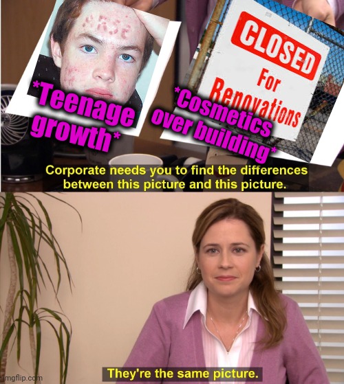-Natural process, widely shared. | *Teenage growth*; *Cosmetics over building* | image tagged in memes,they're the same picture,teenagers,acne,sorry folks parks closed,corporations | made w/ Imgflip meme maker