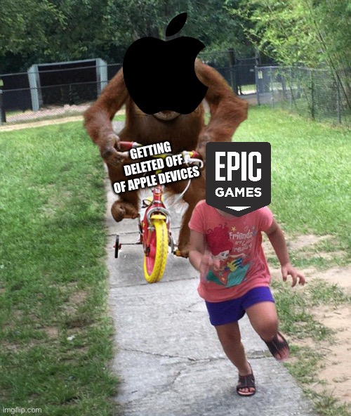 Apple Vs Epic In a nutshell | GETTING DELETED OFF
OF APPLE DEVICES | image tagged in orangutan chasing girl on a tricycle | made w/ Imgflip meme maker