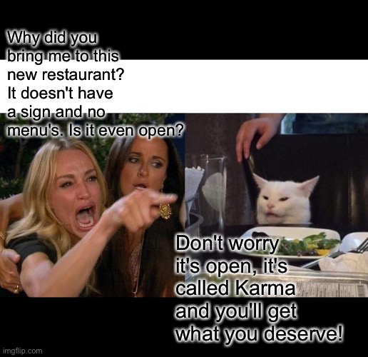Woman yelling at cat | Why did you bring me to this new restaurant? It doesn't have a sign and no menu's. Is it even open? Don't worry it's open, it's called Karma and you'll get what you deserve! | image tagged in memes,woman yelling at cat | made w/ Imgflip meme maker