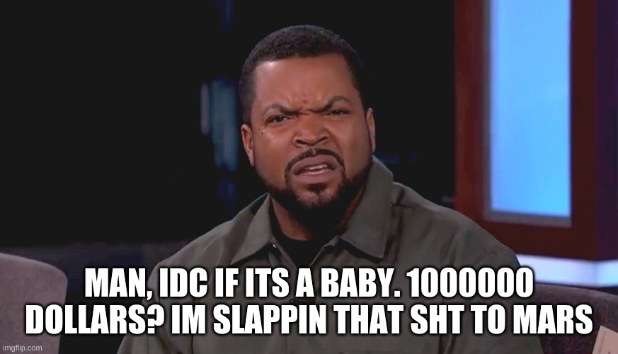 Really? Ice Cube | MAN, IDC IF ITS A BABY. 1000000 DOLLARS? IM SLAPPIN THAT SHT TO MARS | image tagged in really ice cube | made w/ Imgflip meme maker