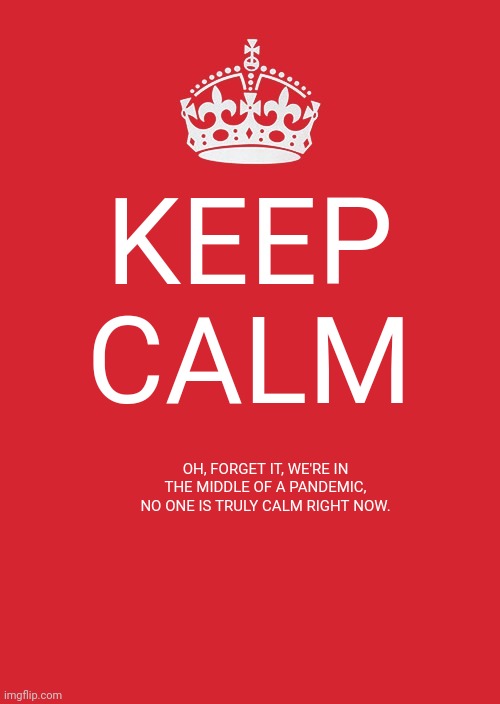 Keep Calm And Carry On Red | KEEP CALM; OH, FORGET IT, WE'RE IN THE MIDDLE OF A PANDEMIC, NO ONE IS TRULY CALM RIGHT NOW. | image tagged in memes,keep calm and carry on red | made w/ Imgflip meme maker