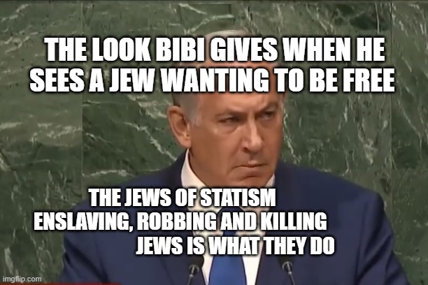 BibiStare | THE LOOK BIBI GIVES WHEN HE SEES A JEW WANTING TO BE FREE; THE JEWS OF STATISM          ENSLAVING, ROBBING AND KILLING                               JEWS IS WHAT THEY DO | image tagged in bibistare | made w/ Imgflip meme maker