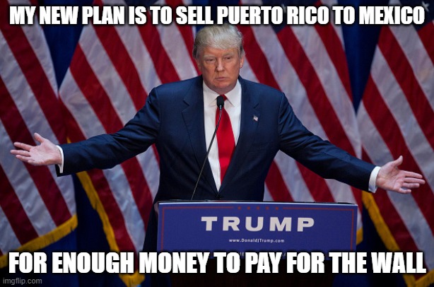 We Can Do It Before Nov.3 | MY NEW PLAN IS TO SELL PUERTO RICO TO MEXICO; FOR ENOUGH MONEY TO PAY FOR THE WALL | image tagged in donald trump | made w/ Imgflip meme maker