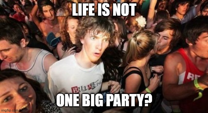 Whaaaaaaaat! | LIFE IS NOT; ONE BIG PARTY? | image tagged in memes,sudden clarity clarence | made w/ Imgflip meme maker