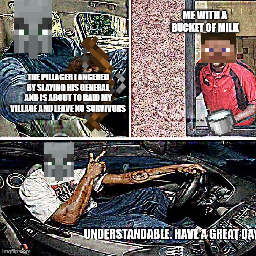 Understandable, have a great day | ME WITH A BUCKET OF MILK; THE PILLAGER I ANGERED BY SLAYING HIS GENERAL AND IS ABOUT TO RAID MY VILLAGE AND LEAVE NO SURVIVORS | image tagged in understandable have a great day | made w/ Imgflip meme maker