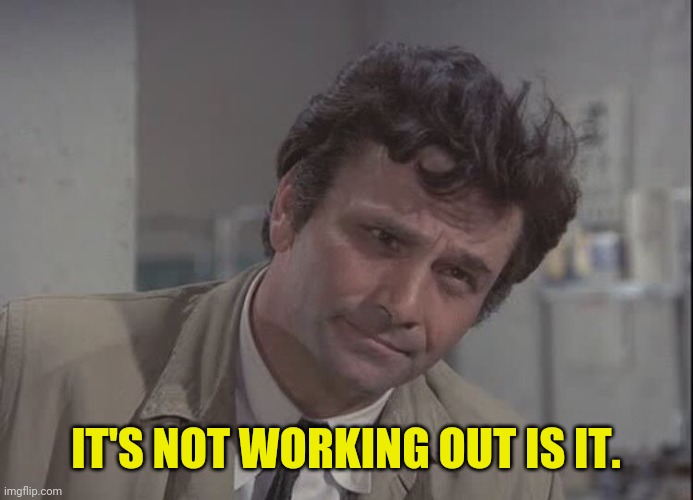 Columbo | IT'S NOT WORKING OUT IS IT. | image tagged in columbo | made w/ Imgflip meme maker
