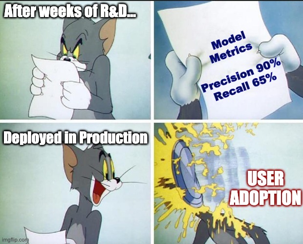 Machine Learning | Model Metrics       Precision 90% Recall 65%; After weeks of R&D... Deployed in Production; USER ADOPTION | image tagged in tom and jerry pie | made w/ Imgflip meme maker
