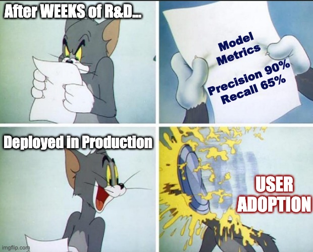 Machine Learning Memes (MLM) | Model Metrics      Precision 90% Recall 65%; After WEEKS of R&D... Deployed in Production; USER ADOPTION | image tagged in tom and jerry pie | made w/ Imgflip meme maker