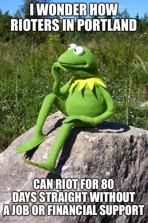 Kermit-thinking | I WONDER HOW RIOTERS IN PORTLAND; CAN RIOT FOR 80 DAYS STRAIGHT WITHOUT A JOB OR FINANCIAL SUPPORT | image tagged in kermit-thinking,trump 2020,maga,riots,blm | made w/ Imgflip meme maker