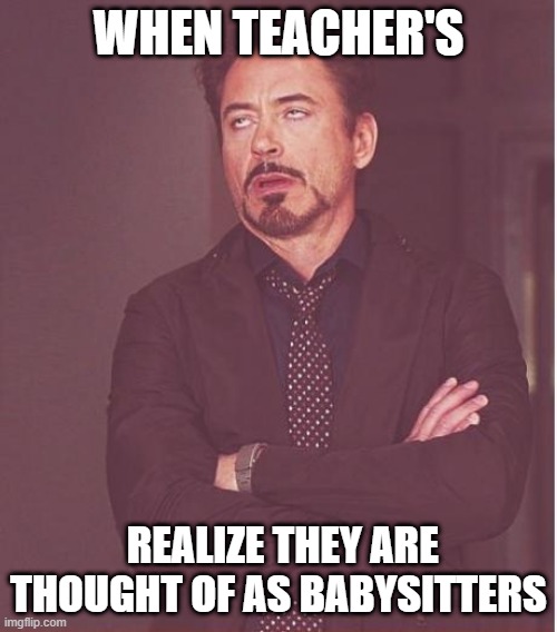 I am a professional! | WHEN TEACHER'S; REALIZE THEY ARE THOUGHT OF AS BABYSITTERS | image tagged in memes,face you make robert downey jr | made w/ Imgflip meme maker
