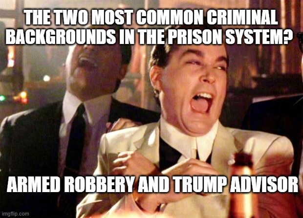 Goodfellas Laugh | THE TWO MOST COMMON CRIMINAL BACKGROUNDS IN THE PRISON SYSTEM? ARMED ROBBERY AND TRUMP ADVISOR | image tagged in goodfellas laugh | made w/ Imgflip meme maker
