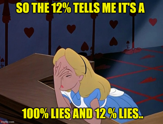 Alice in Wonderland Face Palm Facepalm | SO THE 12% TELLS ME IT'S A 100% LIES AND 12 % LIES.. | image tagged in alice in wonderland face palm facepalm | made w/ Imgflip meme maker