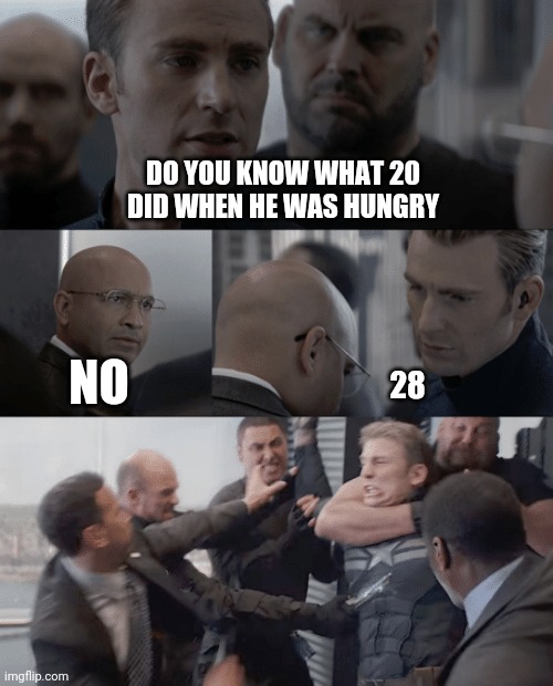 This is one crappy joke my friend told me | DO YOU KNOW WHAT 20 DID WHEN HE WAS HUNGRY; NO; 28 | image tagged in captain america elevator | made w/ Imgflip meme maker