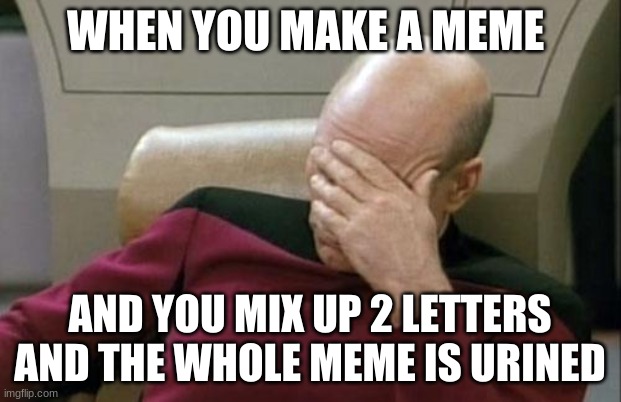 ooof | WHEN YOU MAKE A MEME; AND YOU MIX UP 2 LETTERS AND THE WHOLE MEME IS URINED | image tagged in memes,captain picard facepalm | made w/ Imgflip meme maker
