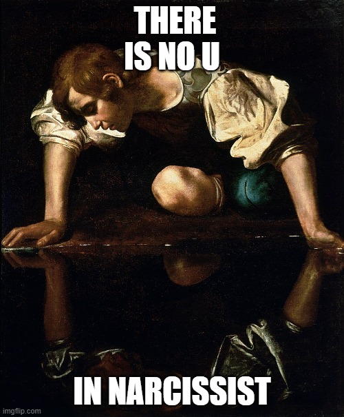 Narcissus | THERE IS NO U; IN NARCISSIST | image tagged in narcissus | made w/ Imgflip meme maker