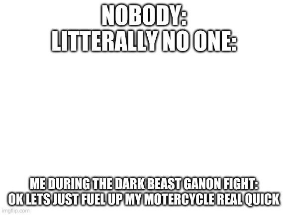 If you see my most recent video you would get it | NOBODY:
LITTERALLY NO ONE:; ME DURING THE DARK BEAST GANON FIGHT: OK LETS JUST FUEL UP MY MOTERCYCLE REAL QUICK | image tagged in blank white template | made w/ Imgflip meme maker