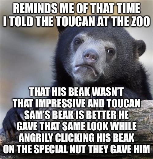Confession Bear Meme | REMINDS ME OF THAT TIME I TOLD THE TOUCAN AT THE ZOO THAT HIS BEAK WASN’T THAT IMPRESSIVE AND TOUCAN SAM’S BEAK IS BETTER HE GAVE THAT SAME  | image tagged in memes,confession bear | made w/ Imgflip meme maker