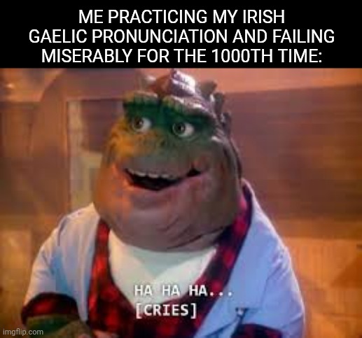 Ha ha ha... [cries] | ME PRACTICING MY IRISH GAELIC PRONUNCIATION AND FAILING MISERABLY FOR THE 1000TH TIME: | image tagged in ha ha ha cries,irish,language,impossible | made w/ Imgflip meme maker