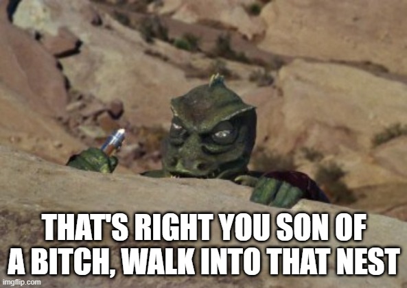 Gorn Bating | THAT'S RIGHT YOU SON OF A BITCH, WALK INTO THAT NEST | image tagged in the gorn lays in wait star trek | made w/ Imgflip meme maker