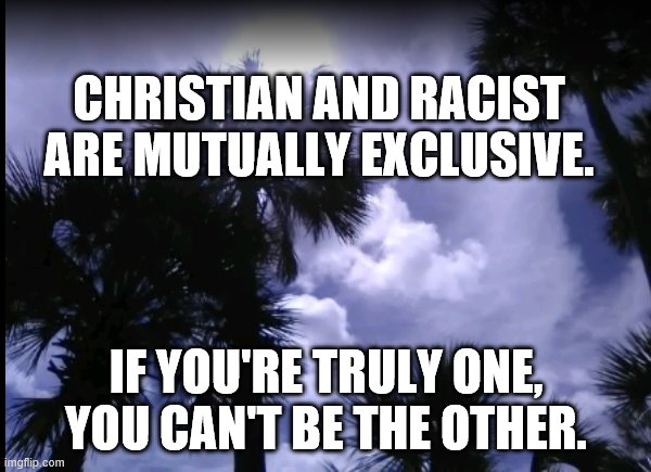 Sunshine clouds palms | CHRISTIAN AND RACIST
ARE MUTUALLY EXCLUSIVE. IF YOU'RE TRULY ONE,
YOU CAN'T BE THE OTHER. | image tagged in trees,clouds,sunshine | made w/ Imgflip meme maker
