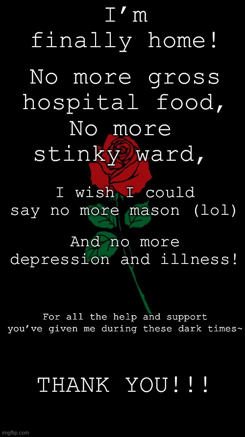 GirlOfRays announcement | I’m finally home! No more gross hospital food, No more stinky ward, I wish I could say no more mason (lol); And no more depression and illness! For all the help and support you’ve given me during these dark times~; THANK YOU!!! | image tagged in girlofrays announcement | made w/ Imgflip meme maker