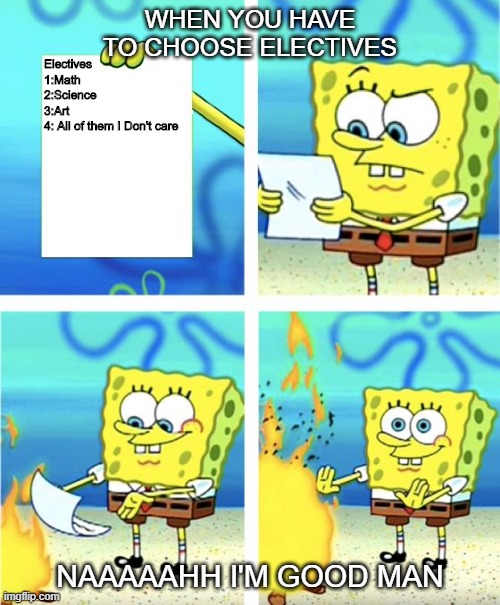 Spongebob Burning Paper | WHEN YOU HAVE TO CHOOSE ELECTIVES; Electives 
1:Math
2:Science
3:Art
4: All of them I Don't care; NAAAAAHH I'M GOOD MAN | image tagged in spongebob burning paper,school | made w/ Imgflip meme maker