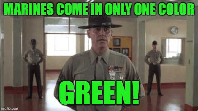 gunny hartman | MARINES COME IN ONLY ONE COLOR GREEN! | image tagged in gunny hartman | made w/ Imgflip meme maker