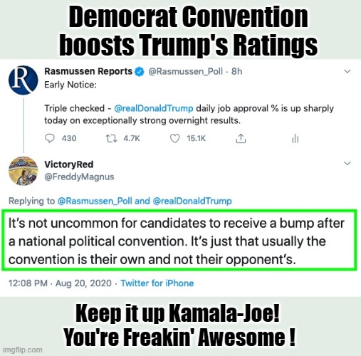 The DNC is helping Trump Win | Democrat Convention boosts Trump's Ratings; Keep it up Kamala-Joe! 
You're Freakin' Awesome ! | image tagged in democrat national convention | made w/ Imgflip meme maker