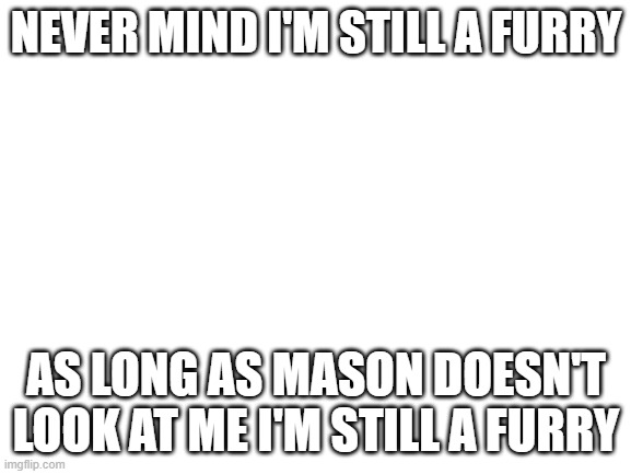 Blank White Template | NEVER MIND I'M STILL A FURRY; AS LONG AS MASON DOESN'T LOOK AT ME I'M STILL A FURRY | image tagged in blank white template | made w/ Imgflip meme maker