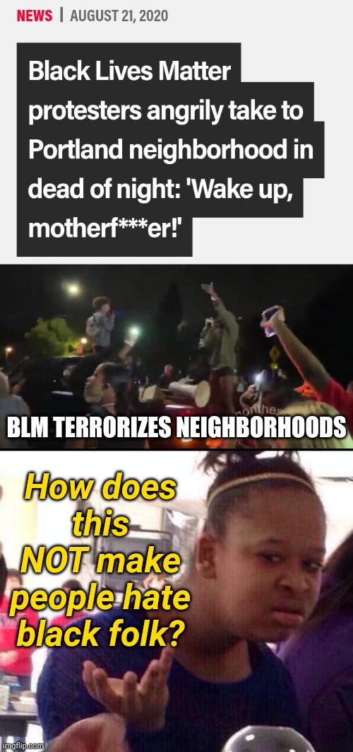 BLM Terrorizes Neighborhood at 3am "Peaceful Protest" to punish white people and working class - How does this NOT cause racism? | BLM TERRORIZES NEIGHBORHOODS; How does this NOT make people hate black folk? | image tagged in memes,black girl wat,protest,blm,truth | made w/ Imgflip meme maker