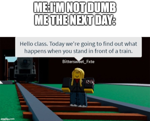 dumb roblox person | ME:I'M NOT DUMB
ME THE NEXT DAY: | image tagged in dumb roblox person | made w/ Imgflip meme maker